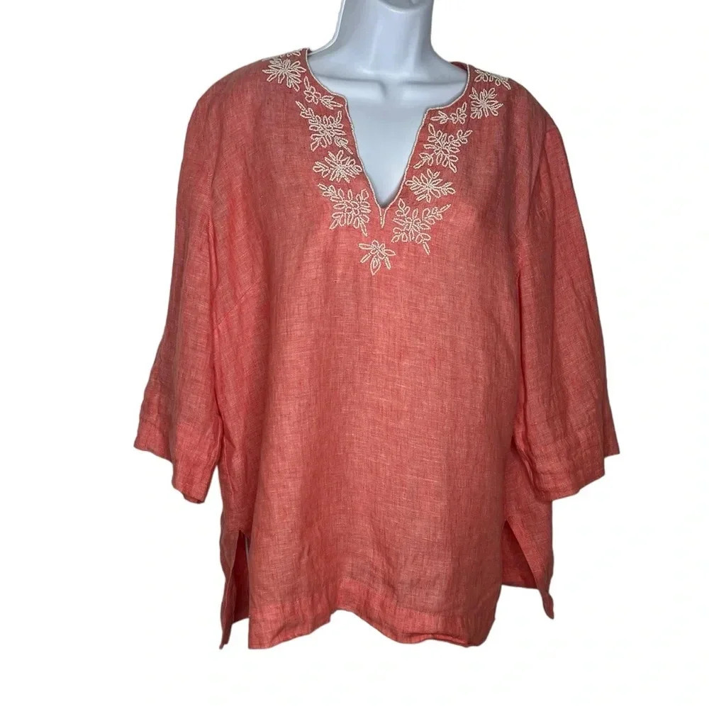 Lands end women’s coral beaded 100% tunic top 3/4 sleeve XL 18-20